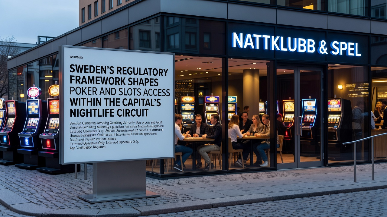 Regulated poker tables and slot areas inside a Stockholm entertainment venue